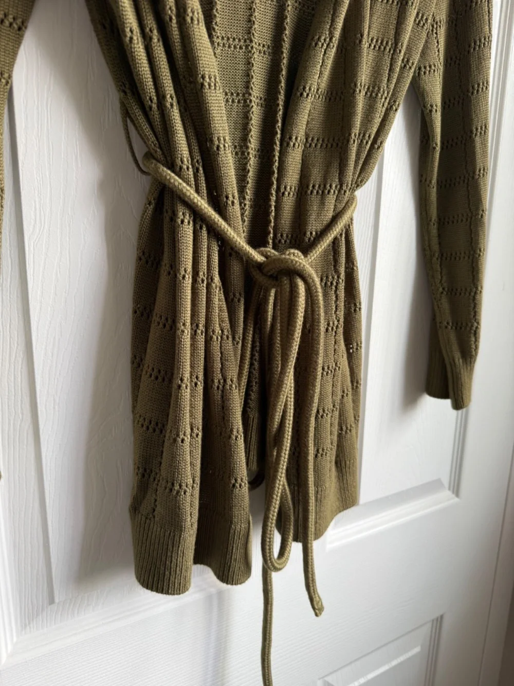 Future Collective Olive Green Pointelle Knit Belted Cardigan Sweater Size S